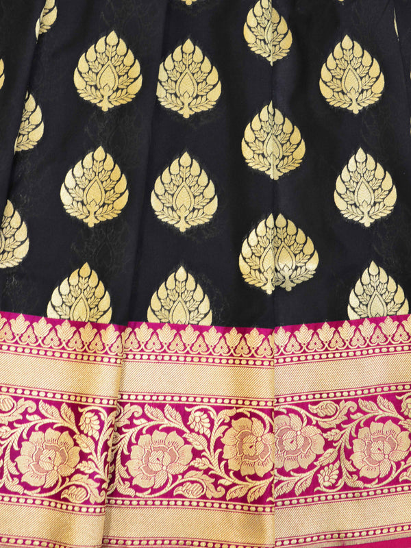 Banarasee Handwoven Buta Design & Floral Border Art Silk Saree-Black