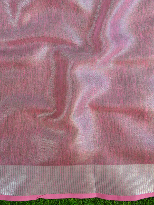 Banarasee Handloom Pure Linen By Tissue Embroidered Saree-Pink