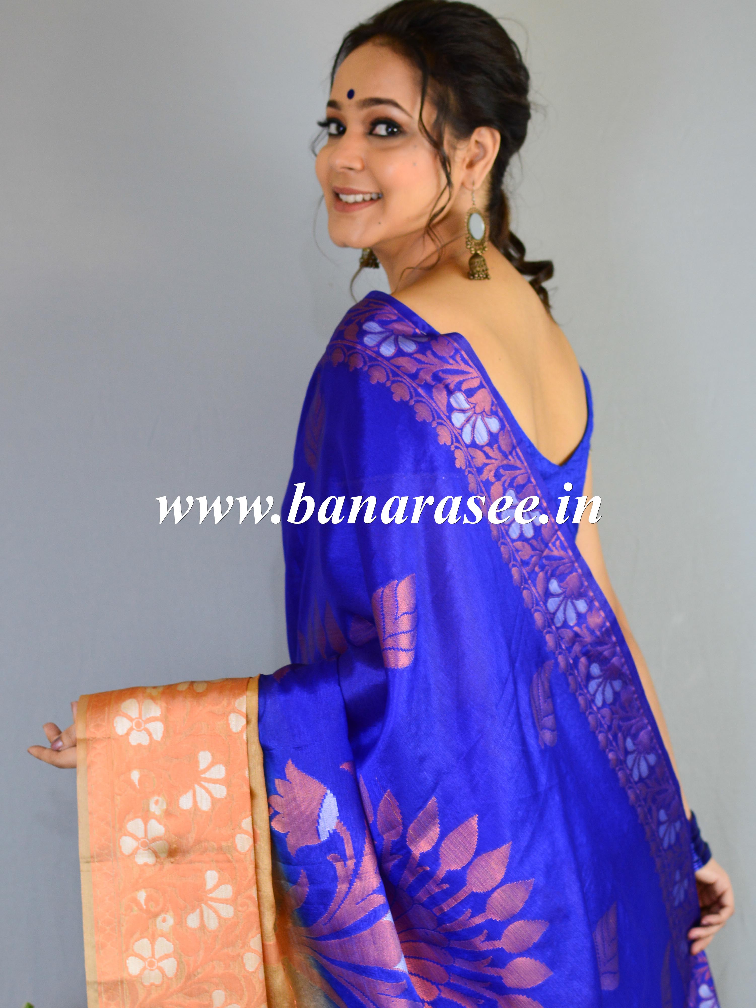 Banarasee Handwoven Semi-Chiffon Saree With Silver & Copper Zari & Dual Color-Blue & Beige