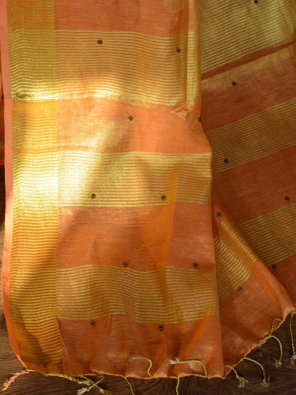 Banarasee Handloom Pure Linen By Tissue Saree With Pearl Embroidery-Peach