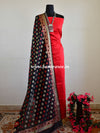 Banarasee Salwar Kameez Cotton Silk Fabric With Contrast Black Meena Dupatta-Red