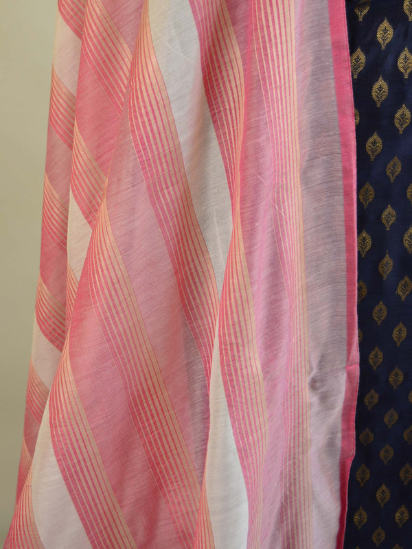 Banarasee Salwar Kameez Soft Cotton Resham Woven Fabric With Contrast Dupatta-Deep Blue
