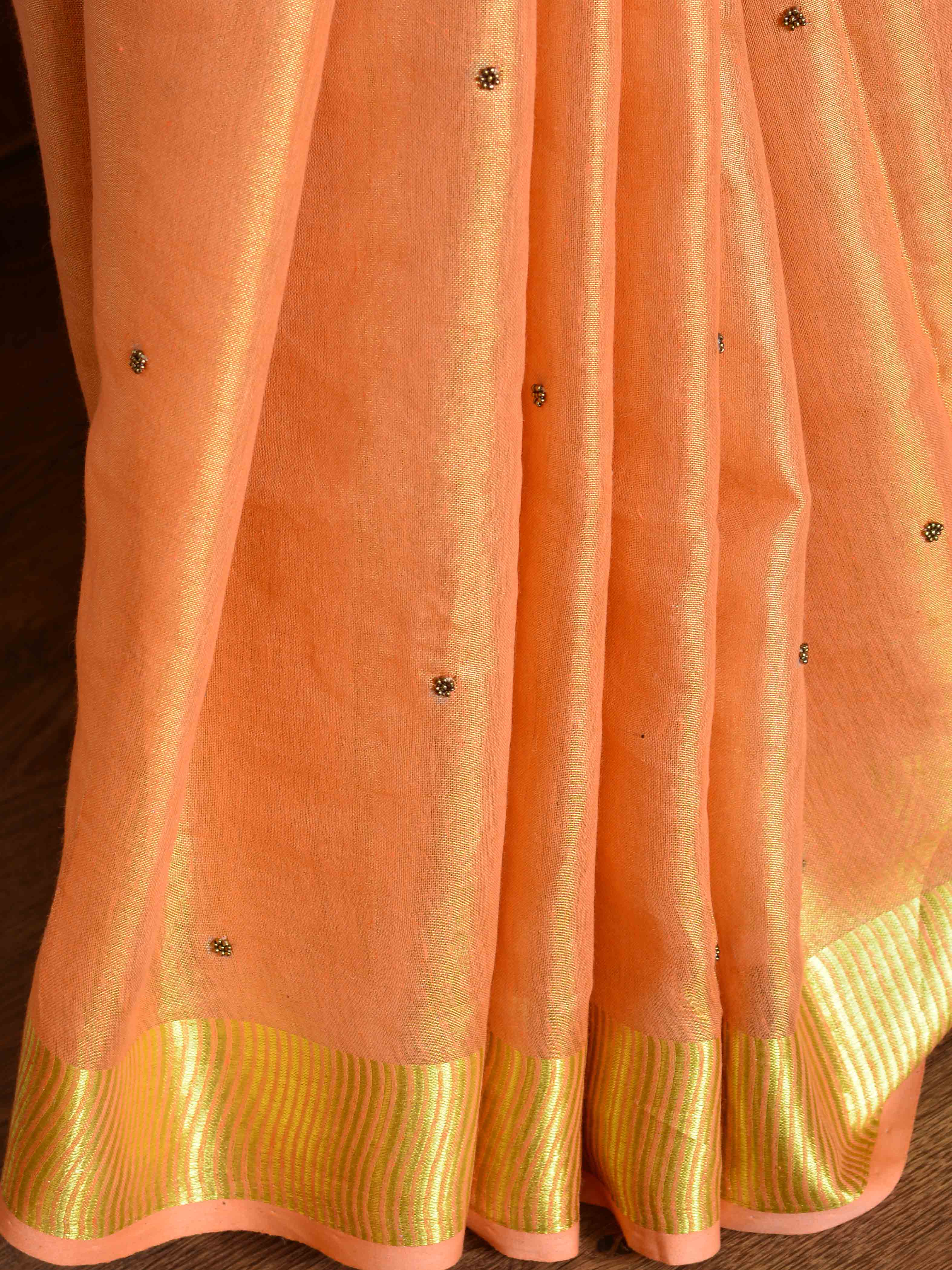 Banarasee Handloom Pure Linen By Tissue Saree With Pearl Embroidery-Peach