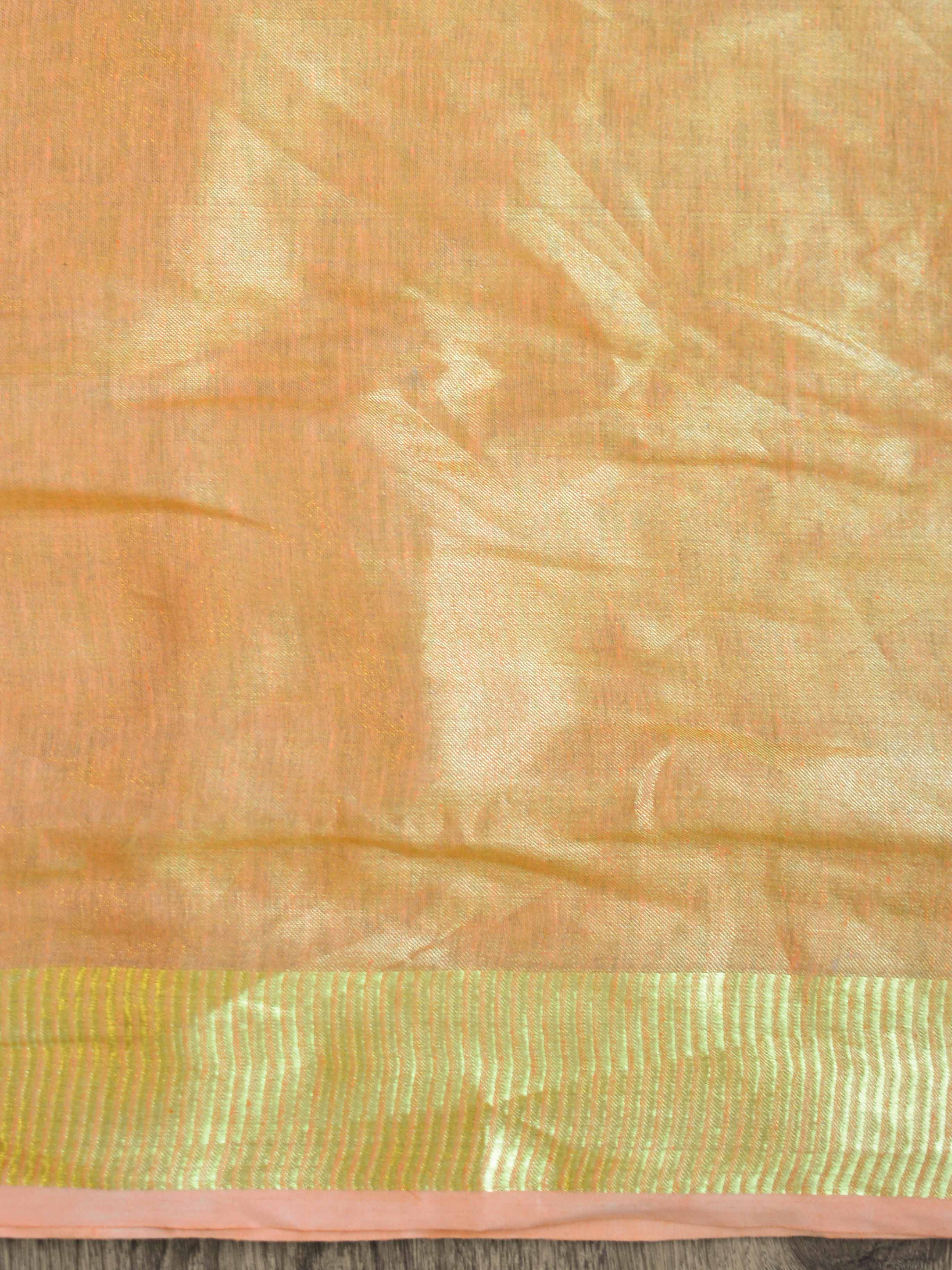 Banarasee Handloom Pure Linen By Tissue Saree With Pearl Embroidery-Peach