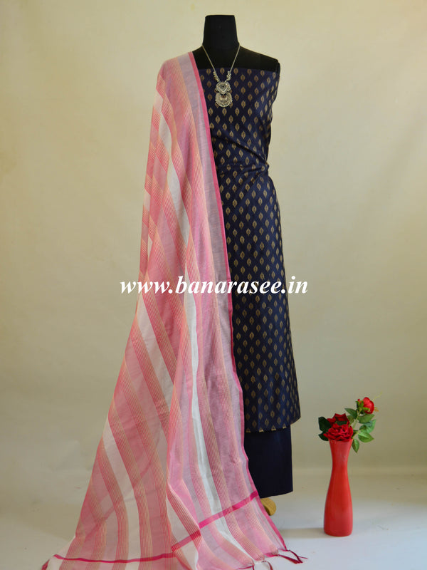 Banarasee Salwar Kameez Soft Cotton Resham Woven Fabric With Contrast Dupatta-Deep Blue
