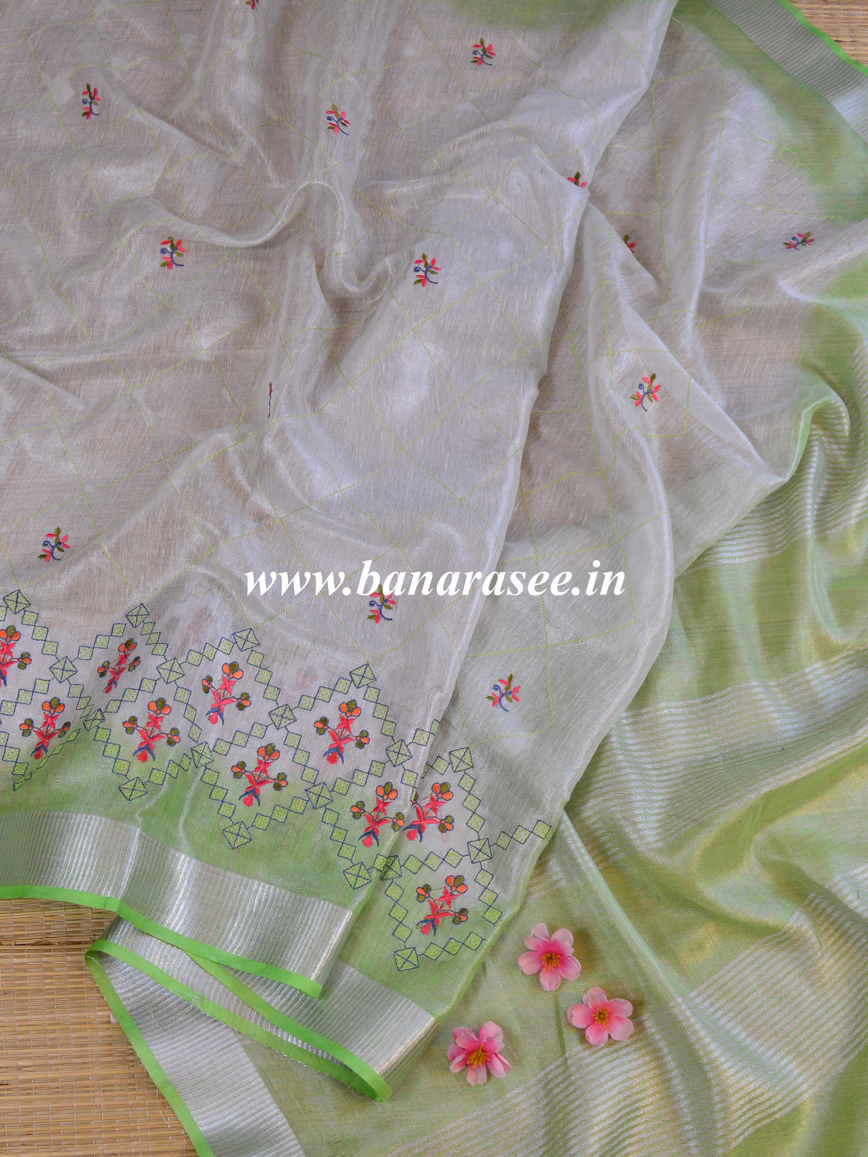 Banarasee Handloom Pure Linen By Tissue Embroidered Saree-Silver & Green