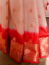Banarasee Handwoven Semi-Chiffon Saree With Copper Zari Work-Fawn & Red