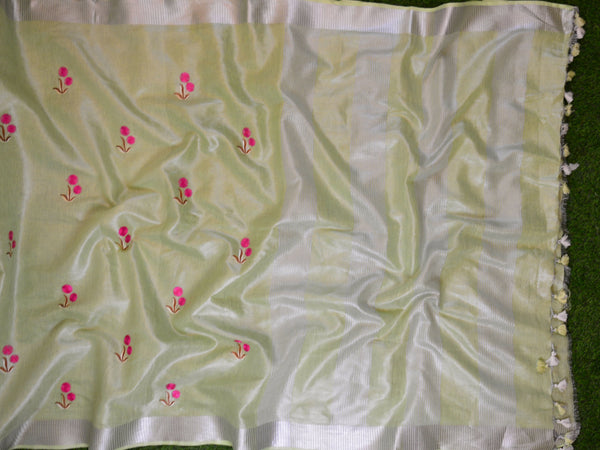 Banarasee Handloom Pure Linen By Tissue Embroidered Saree-Green(Silver Tone)