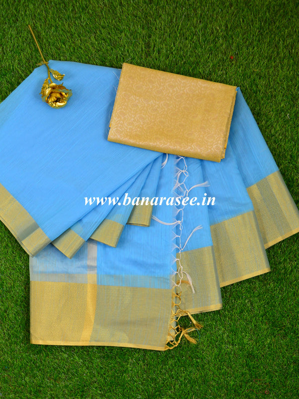 Banarasee Cotton Silk Saree With Zari Border With Gold Brocade Blouse-Blue