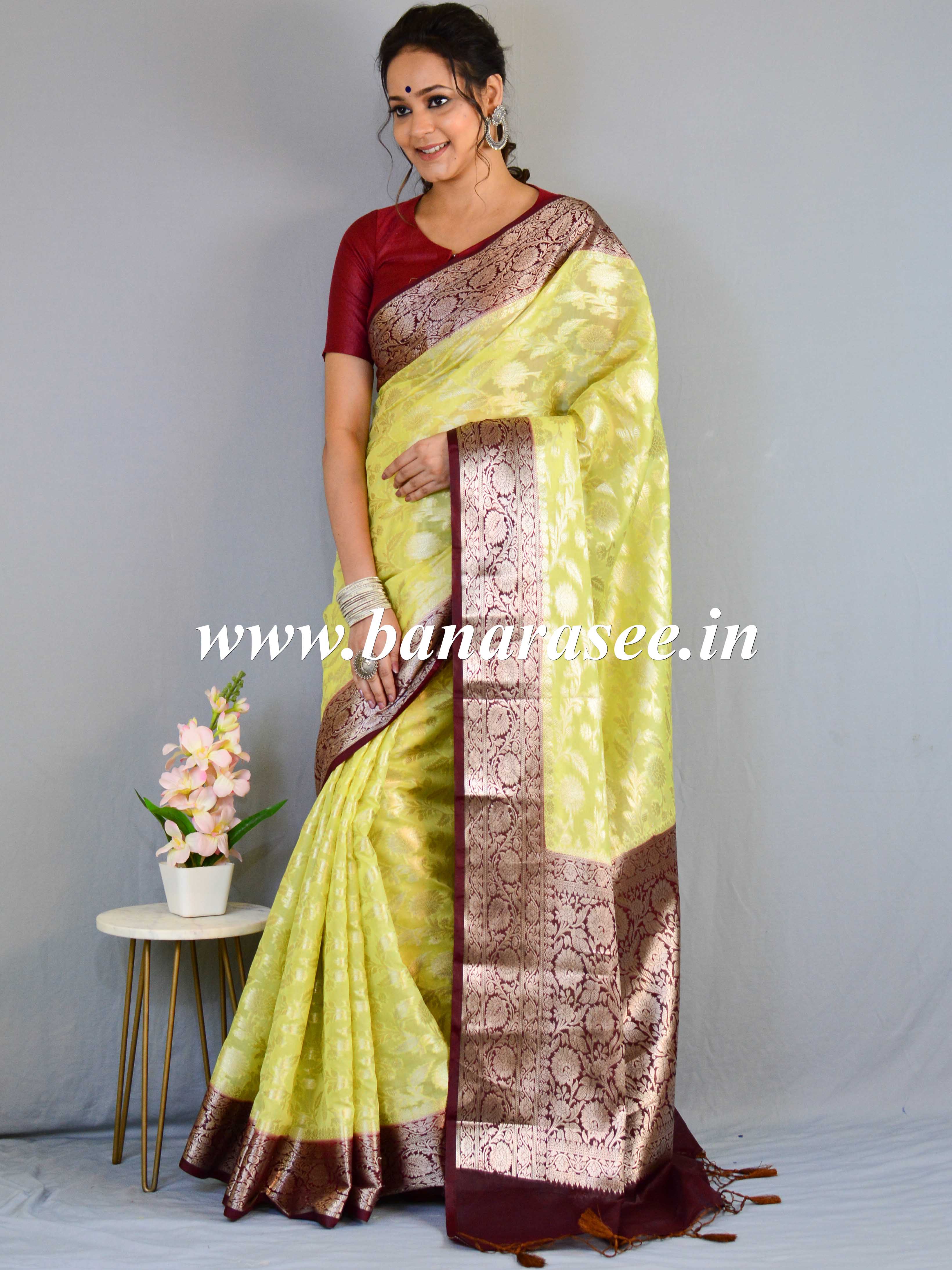 Banarasee Handwoven Semi-Chiffon Saree With Silver Zari & Contrast Border-Yellow