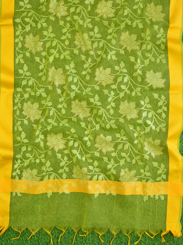 Banarasee Embroidered Resham Jaal Design Organza Dupatta-Henna Green