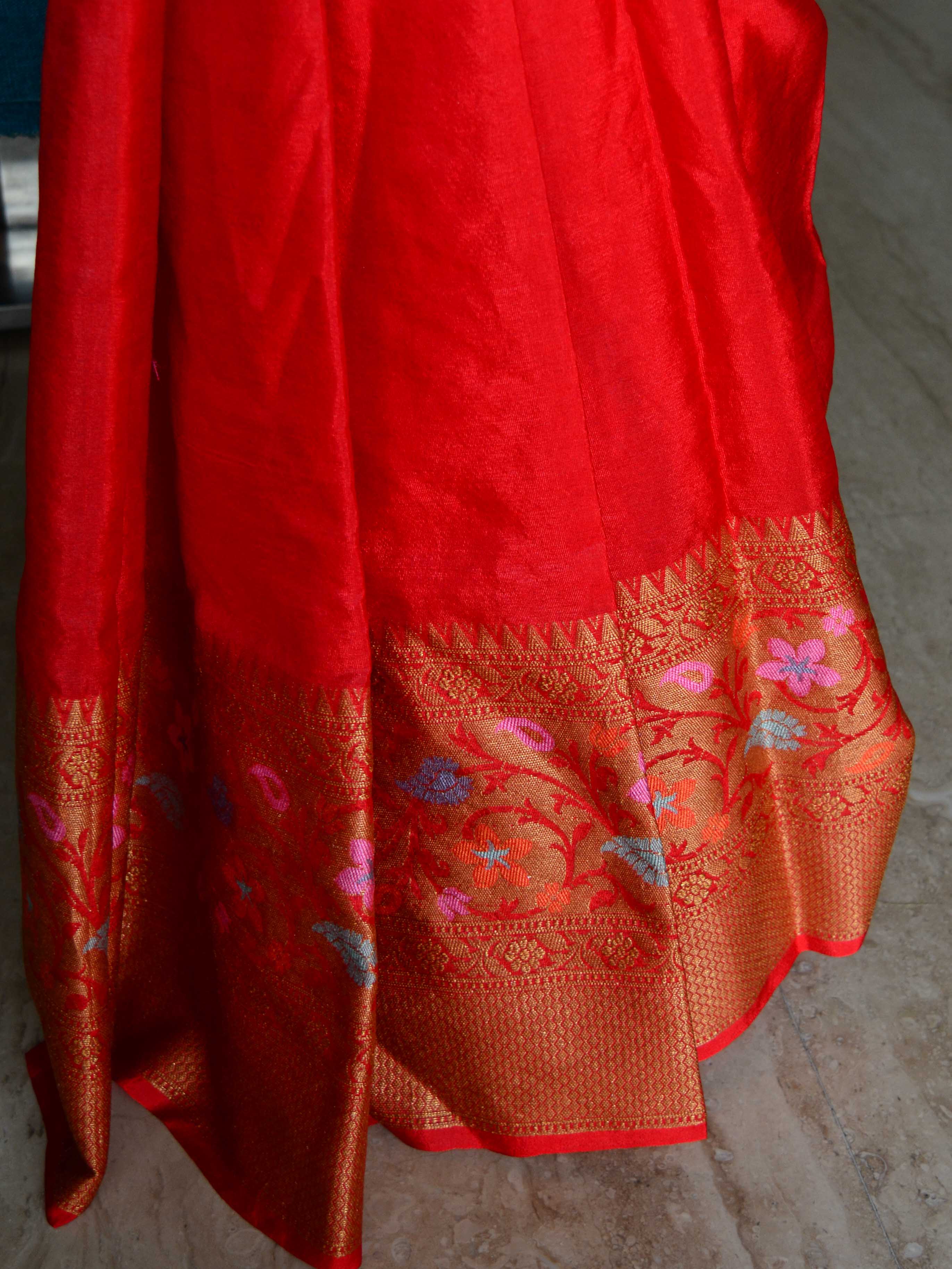 Banarasee Handwoven Semi Silk Saree With Floral Border Design-Red