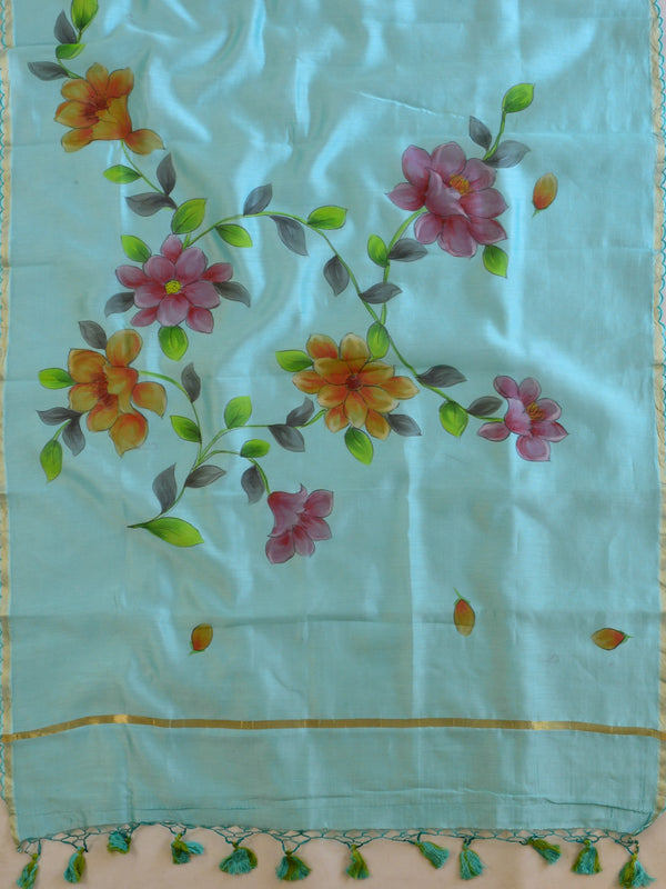 Banarasee Pure Chanderi Silk Hand-painted Salwar Kameez Set-Blue