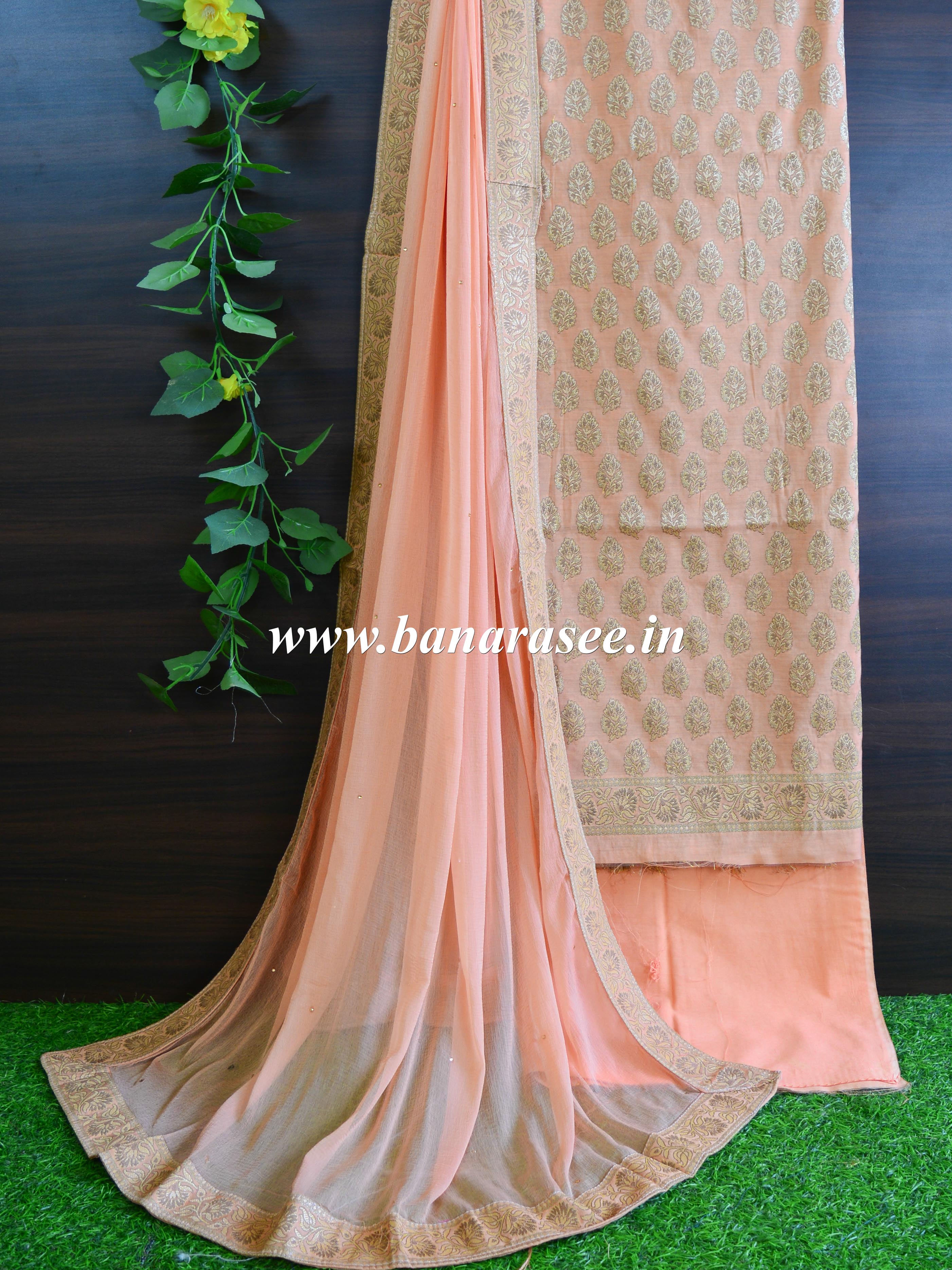 Banarasee Cotton Silk Salwar Kameez Resham & Zari Buti Fabric & Dupatta-Peach