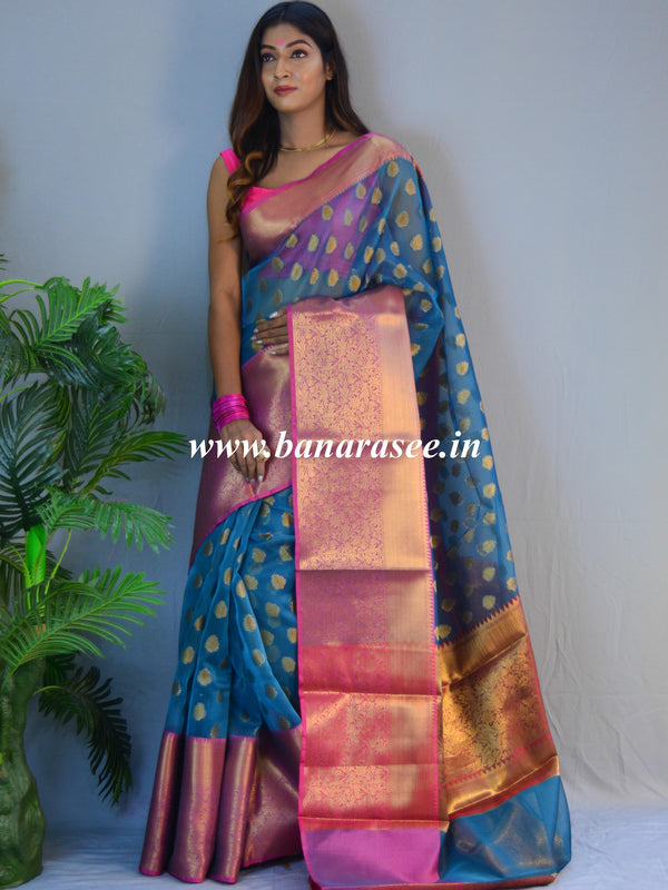 Banarasee Organza Mix Saree With Antique Zari Buti & Skirt Border-Blue