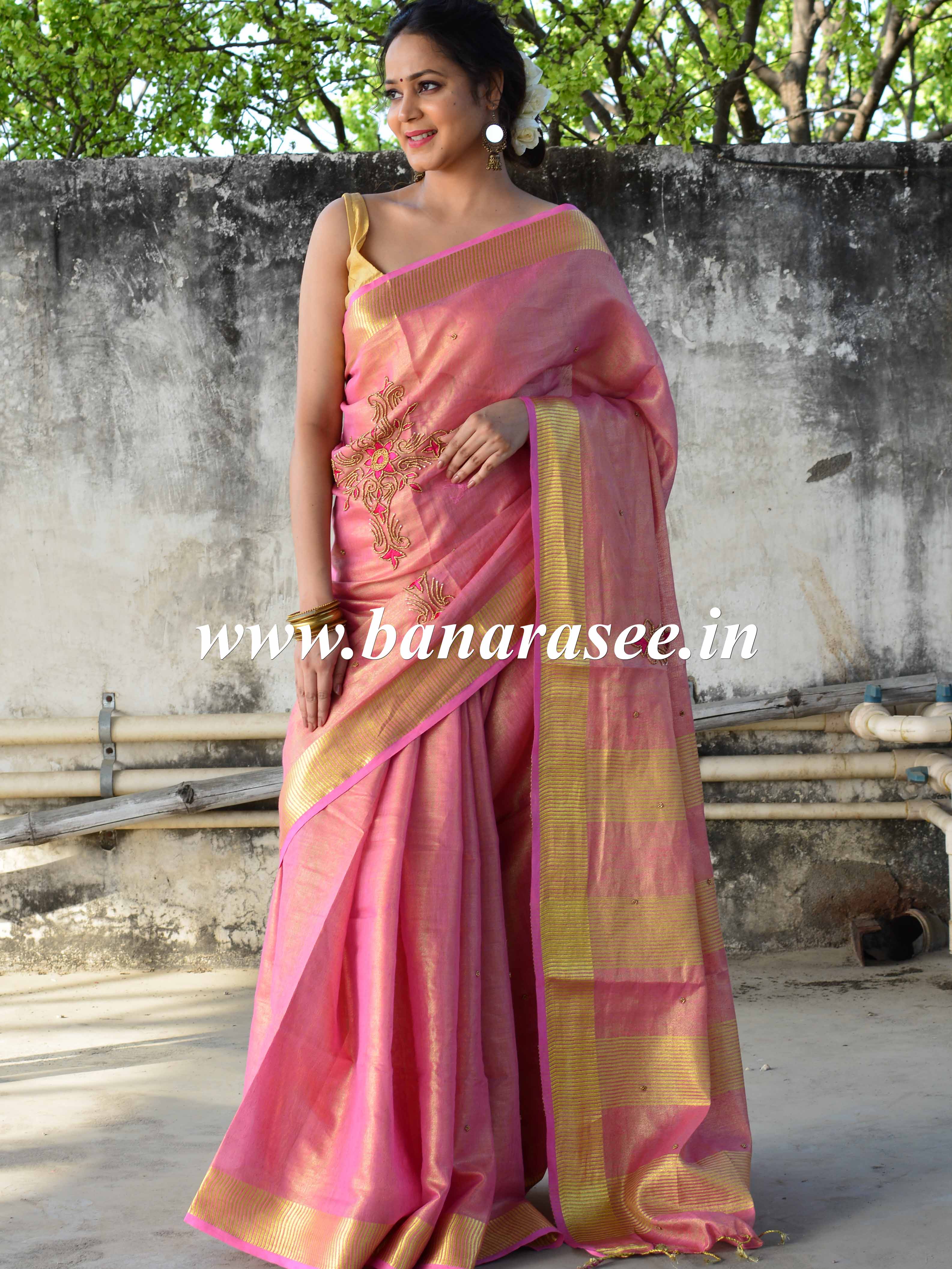 Banarasee Handloom Pure Linen By Tissue Saree With Pearl Embroidery-Pink