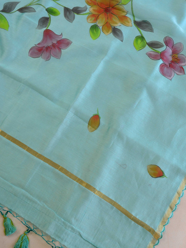 Banarasee Pure Chanderi Silk Hand-painted Salwar Kameez Set-Blue