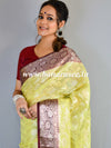 Banarasee Handwoven Semi-Chiffon Saree With Silver Zari & Contrast Border-Yellow