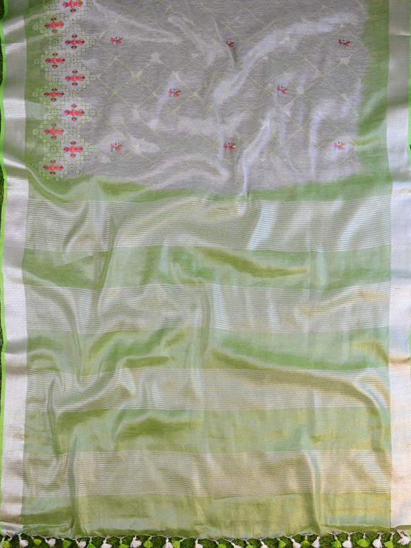 Banarasee Handloom Pure Linen By Tissue Embroidered Saree-Silver & Green