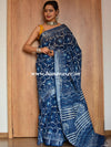 Linen Cotton Bagru Hand-Block Printed Saree-Indigo