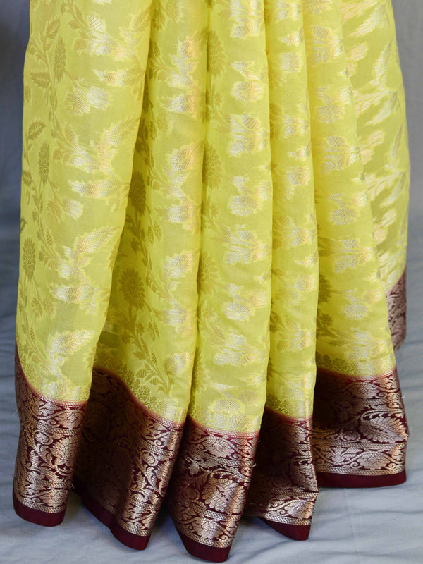 Banarasee Handwoven Semi-Chiffon Saree With Silver Zari & Contrast Border-Yellow