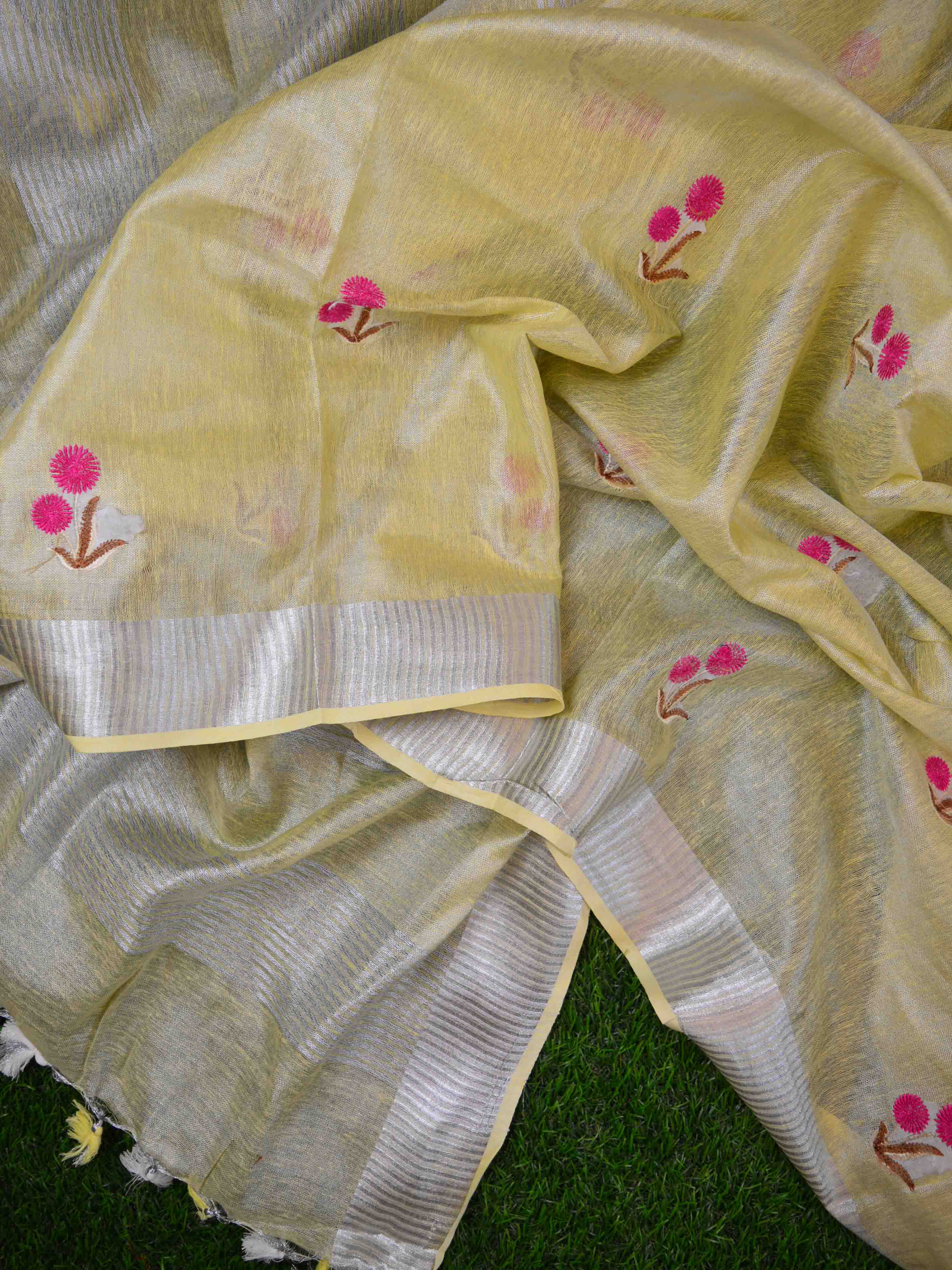 Banarasee Handloom Pure Linen By Tissue Embroidered Saree-Yellow(Silver Tone)