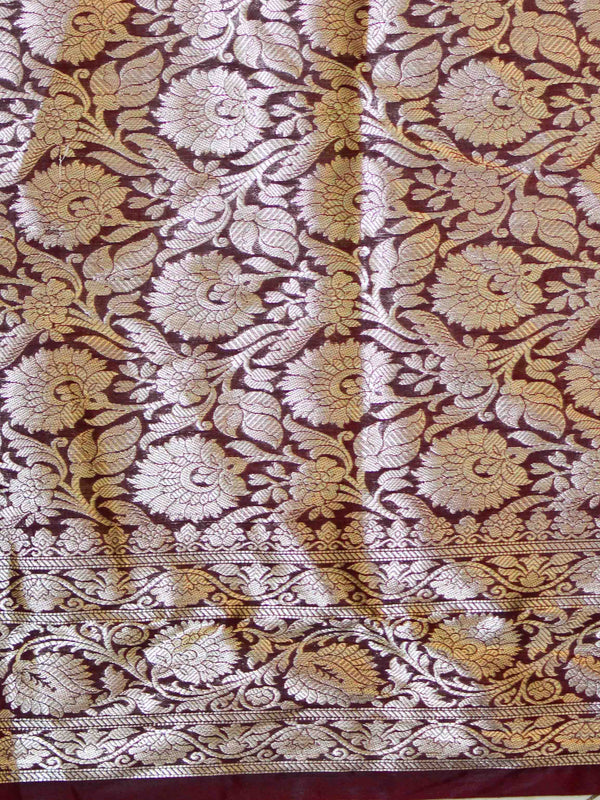 Banarasee Handwoven Semi-Chiffon Saree With Silver Zari & Contrast Border-Yellow