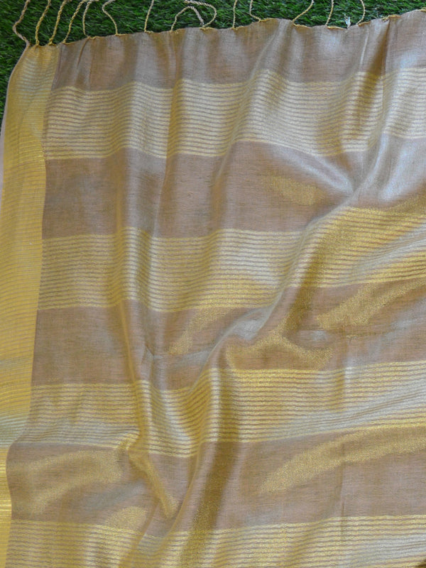 Banarasee Handloom Pure Linen By Tissue Saree With Green Brocade Blouse-Gold