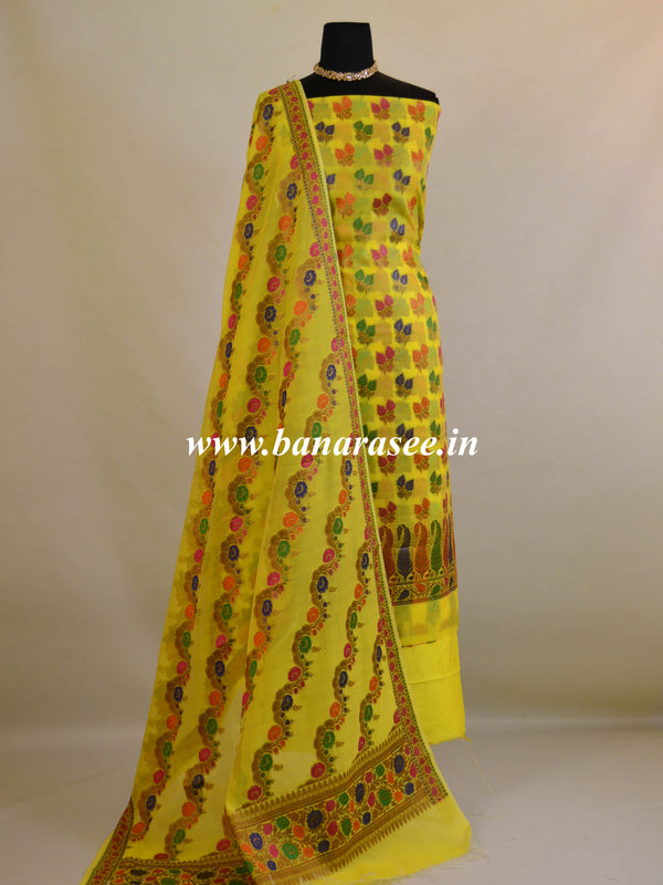 Banarasee Semi Silk Salwar Kameez Dupatta Set Meena & Zari Design-Bright Yellow