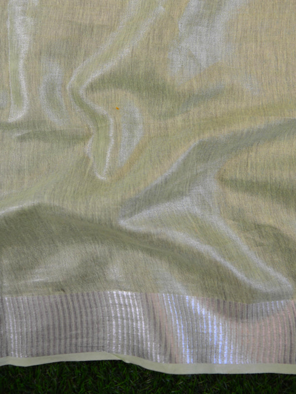 Banarasee Handloom Pure Linen By Tissue Embroidered Saree-Green(Silver Tone)