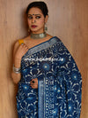 Linen Cotton Bagru Hand-Block Printed Saree-Indigo