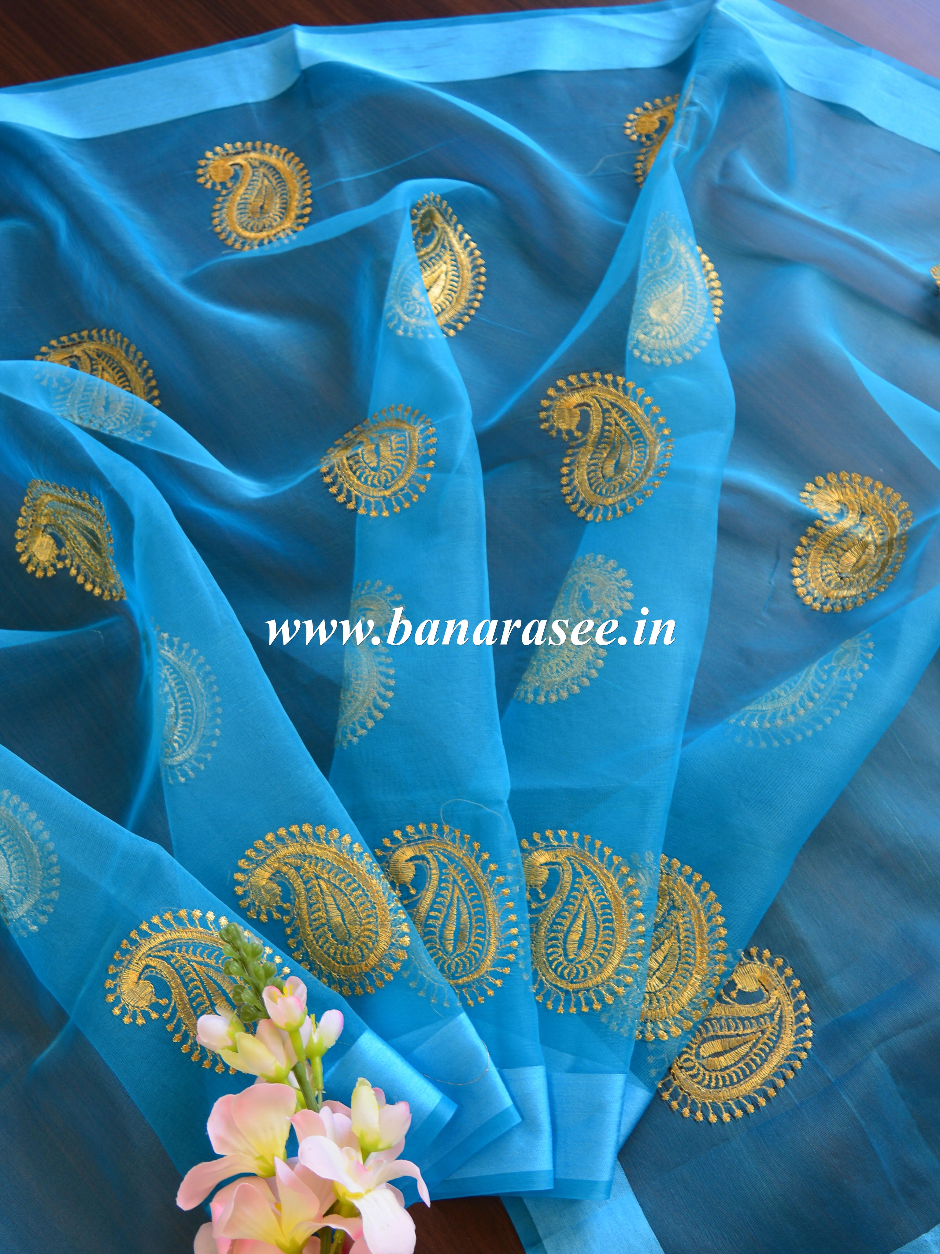 Banarasee Embroidered Gold Buta Design Organza Dupatta-Blue