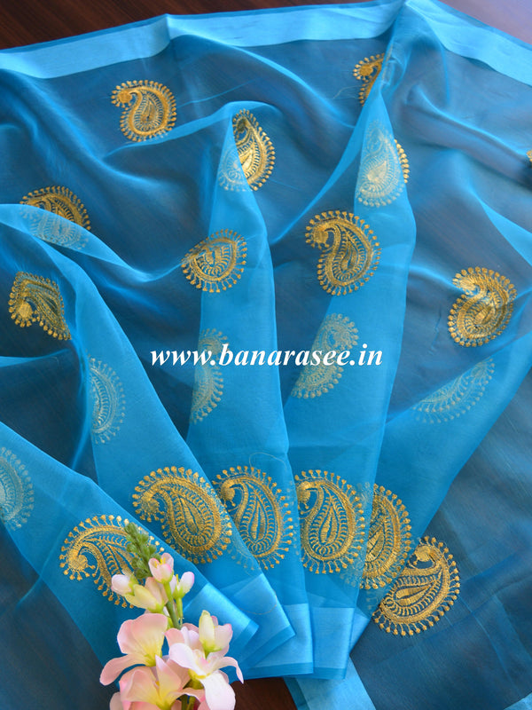 Banarasee Embroidered Gold Buta Design Organza Dupatta-Blue