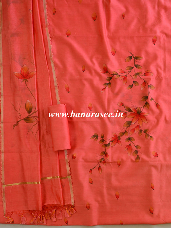 Banarasee Pure Chanderi Silk Hand-painted Salwar Kameez Set-Peach