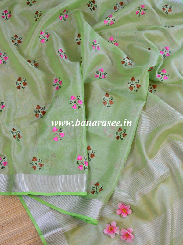 Banarasee Handloom Pure Linen By Tissue Embroidered Saree-Green