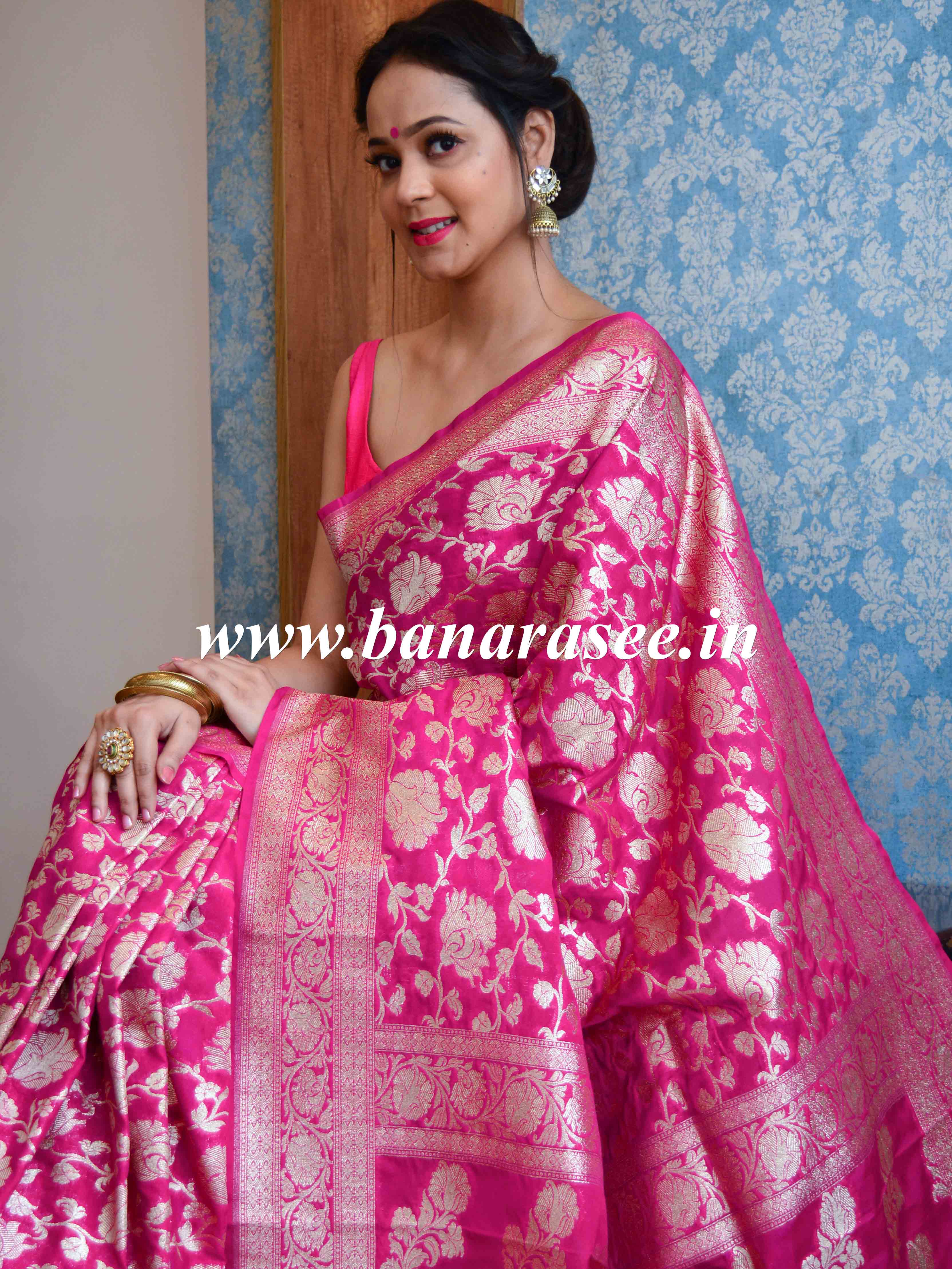 Banarasee Handwoven Art Silk Heavy Zari Jaal Weaving Saree-Pink