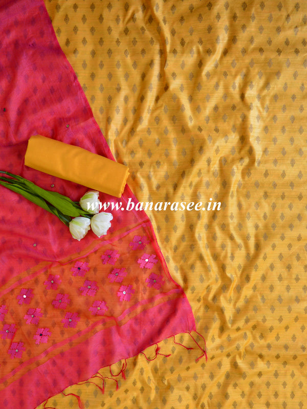 Banarasee Cotton Silk Salwar Kameez Ghichha Buti  Fabric & Kota Dupatta-Yellow  & Pink