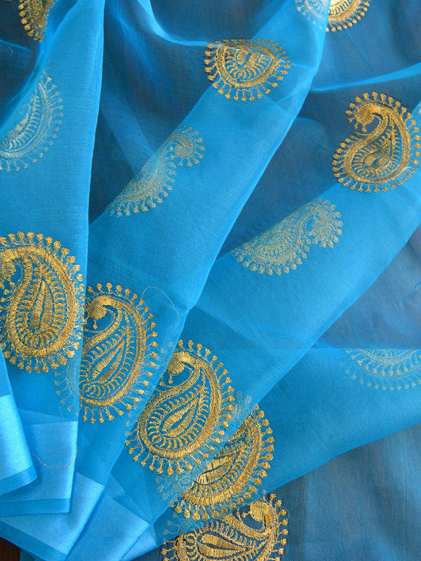 Banarasee Embroidered Gold Buta Design Organza Dupatta-Blue