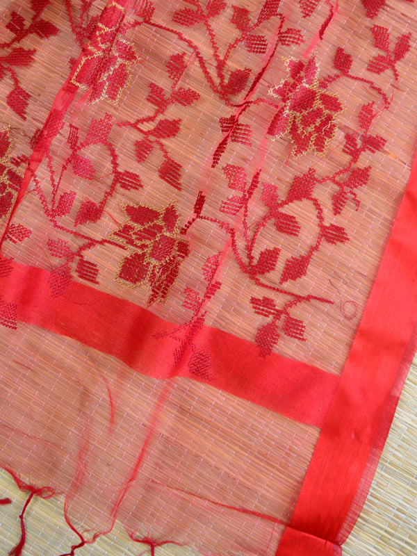 Banarasee Embroidered Resham Jaal Design Organza Dupatta-Red