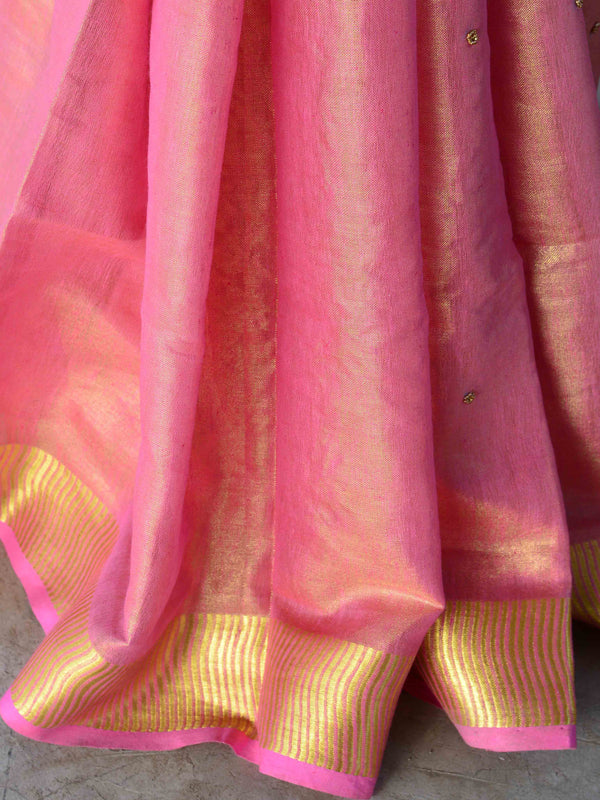 Banarasee Handloom Pure Linen By Tissue Saree With Pearl Embroidery-Pink