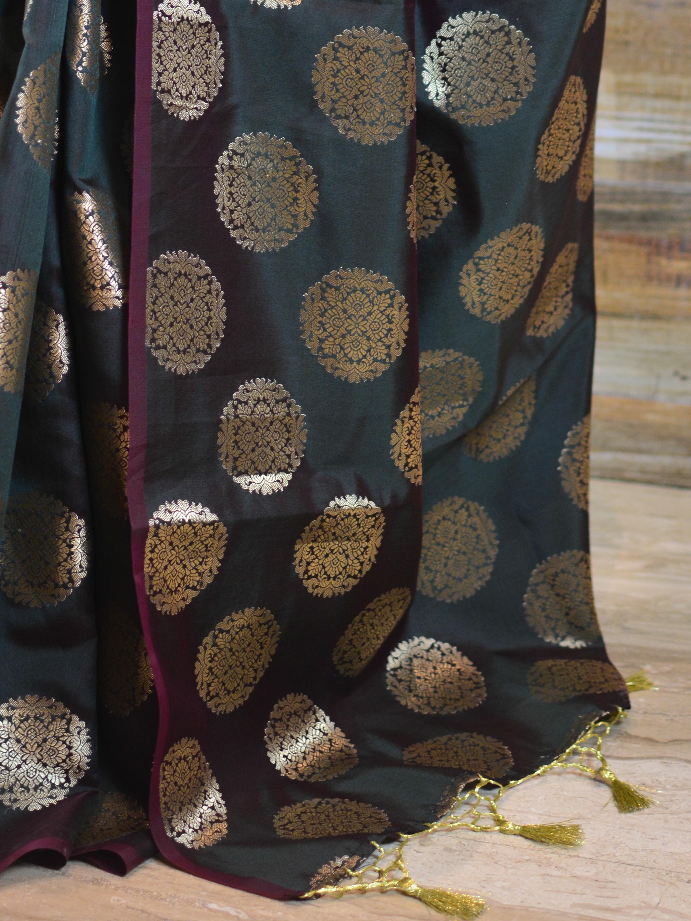 Banarasee Handwoven Semi Silk Saree With Buta Design-Deep Green(Red Tone)