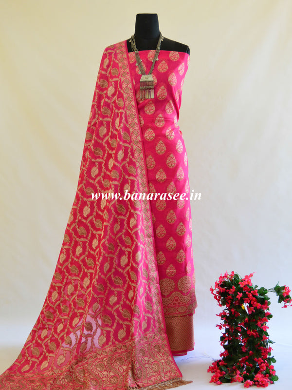 Banarasee Salwar Kameez Cotton Silk Resham Buti Woven Fabric-Pink