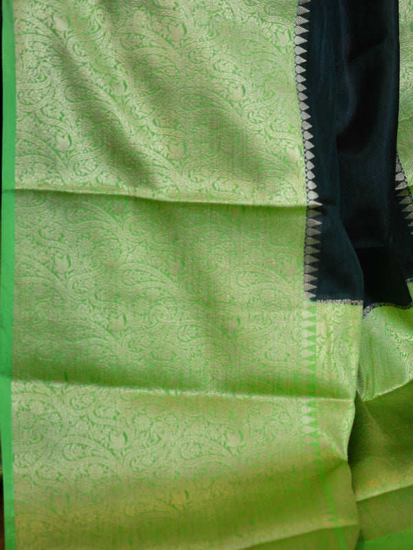 Banarasee Handwoven Semi Silk Saree Broad Zari Border-Deep Green