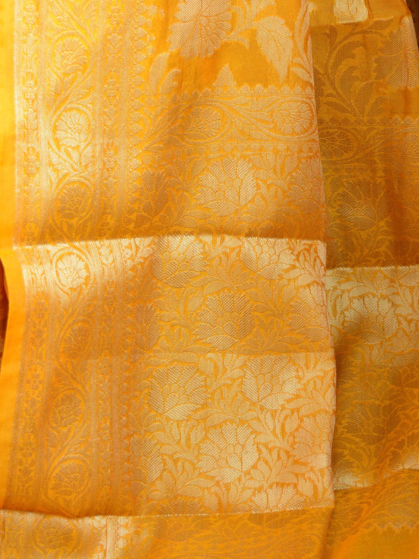 Banarasee Handwoven Semi-Chiffon Saree With Zari Floral Jaal Design-Mustard Yellow