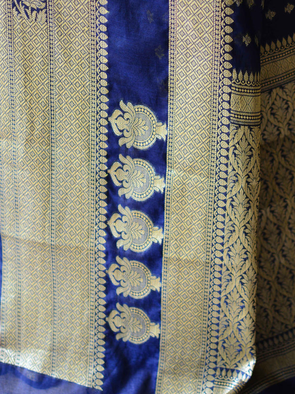 Banarasee Handwoven Semi-Chiffon Saree With Floral Border & Buti-Blue
