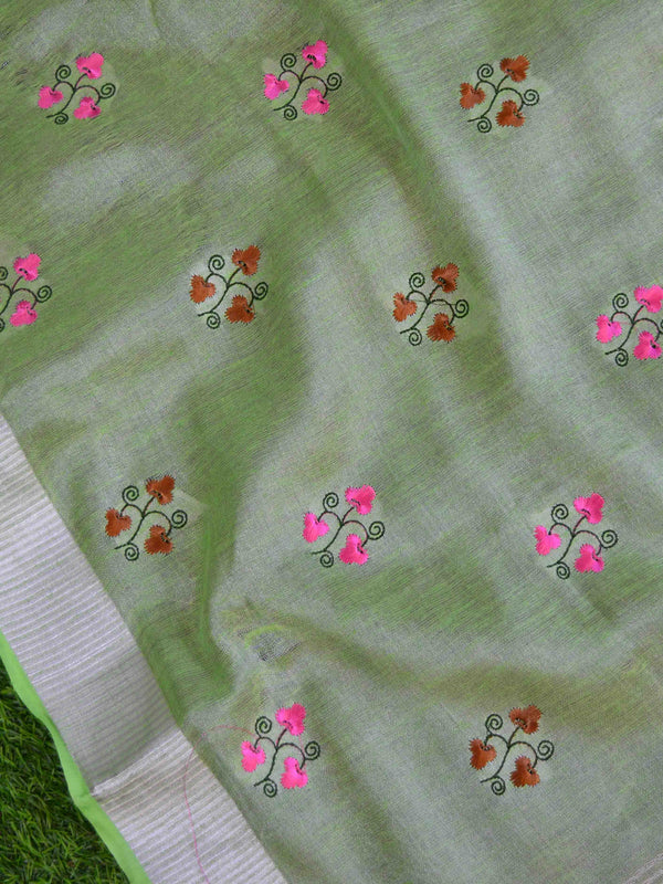 Banarasee Handloom Pure Linen By Tissue Embroidered Saree-Green