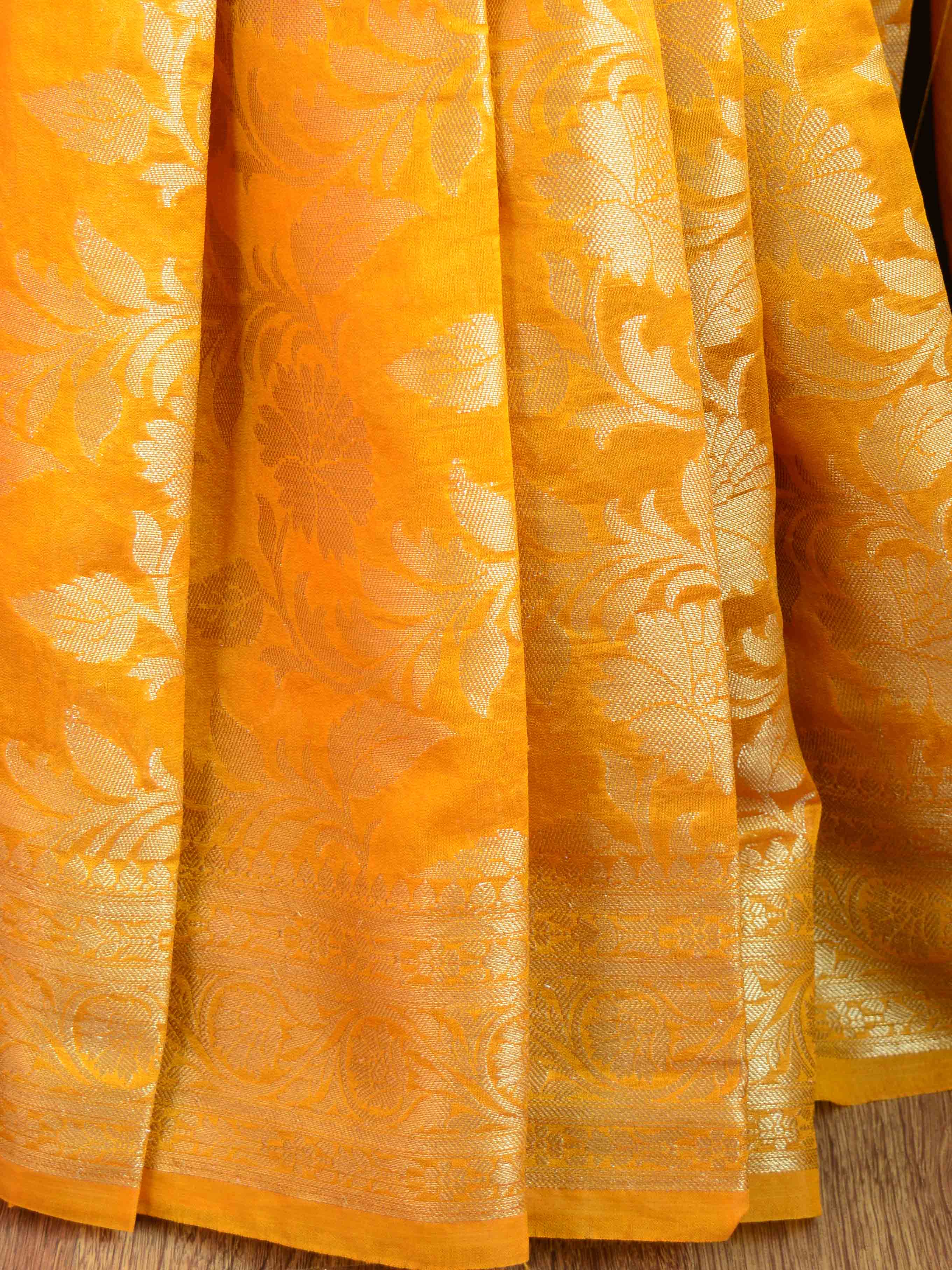 Banarasee Handwoven Semi-Chiffon Saree With Zari Floral Jaal Design-Mustard Yellow