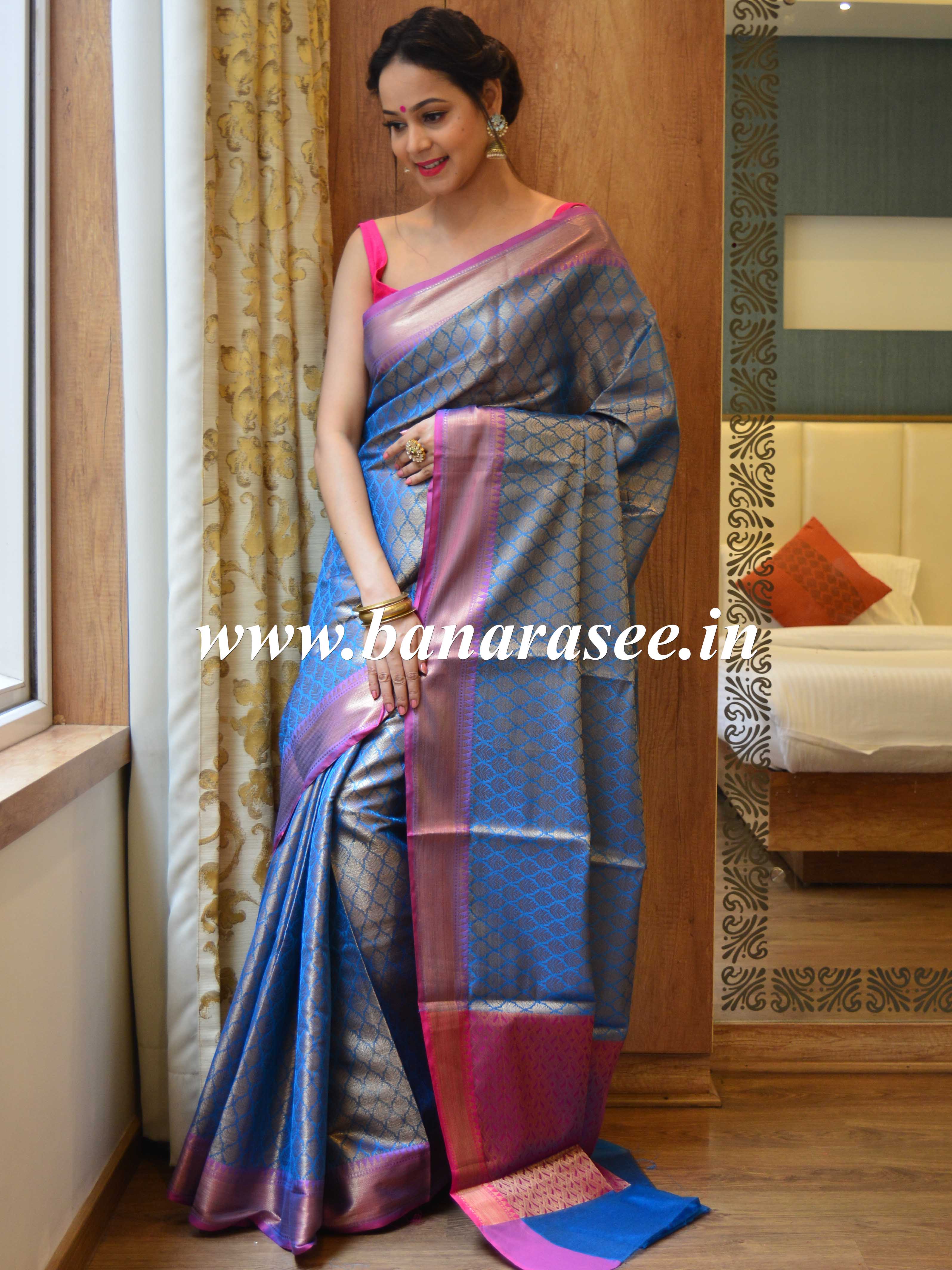 Banarasee Handwoven Semi Silk Saree With Zari Jaal Design-Blue