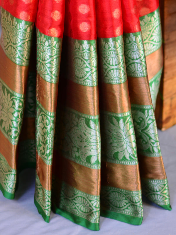 Banarasee Handwoven Semi Silk Saree With Buti & Zari Border Design-Red