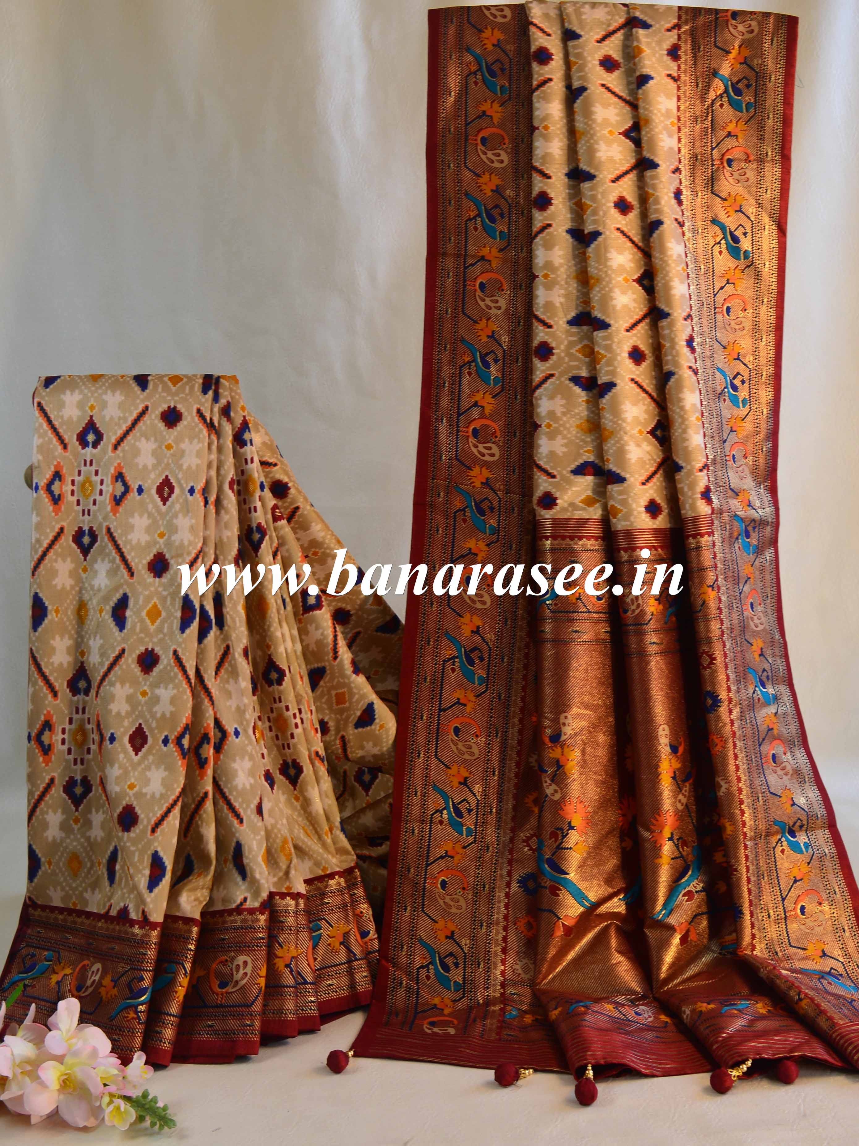 Banarasee Soft Silk Patola Saree With Zari Border-Beige & Maroon